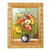 Tableau, bouquet de fleurs , huile sur toile, cadre ancien stuc dorés