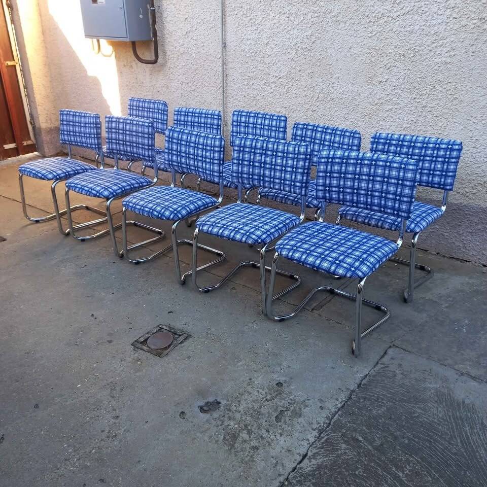 Vintage chrome cantilever chairs with blue checkered upholstery, 1970s, set of 10