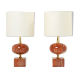 Pair of lamps in red travertine and brass 1970