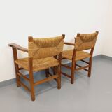 Set of 2 vintage brutalist armchairs in oak wood and straw