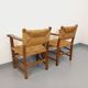 Suite de 2 fauteuils brutalistes vintage en bois de chêne et paille