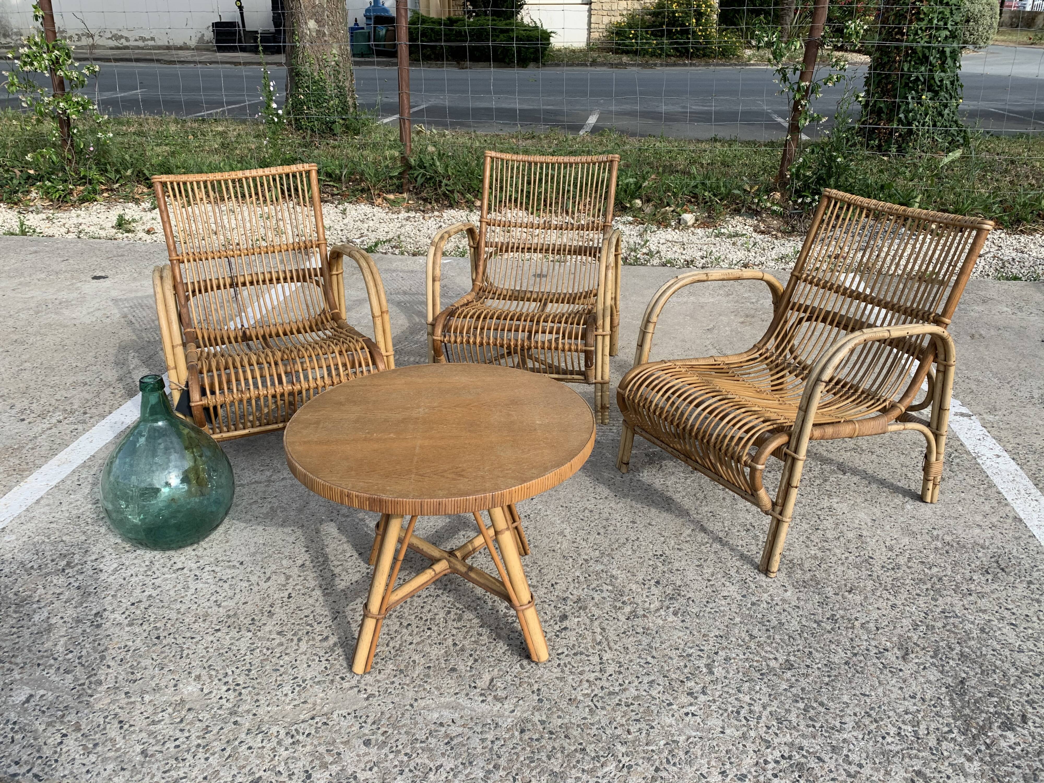 Lot de 3 fauteuils rotin Wengler