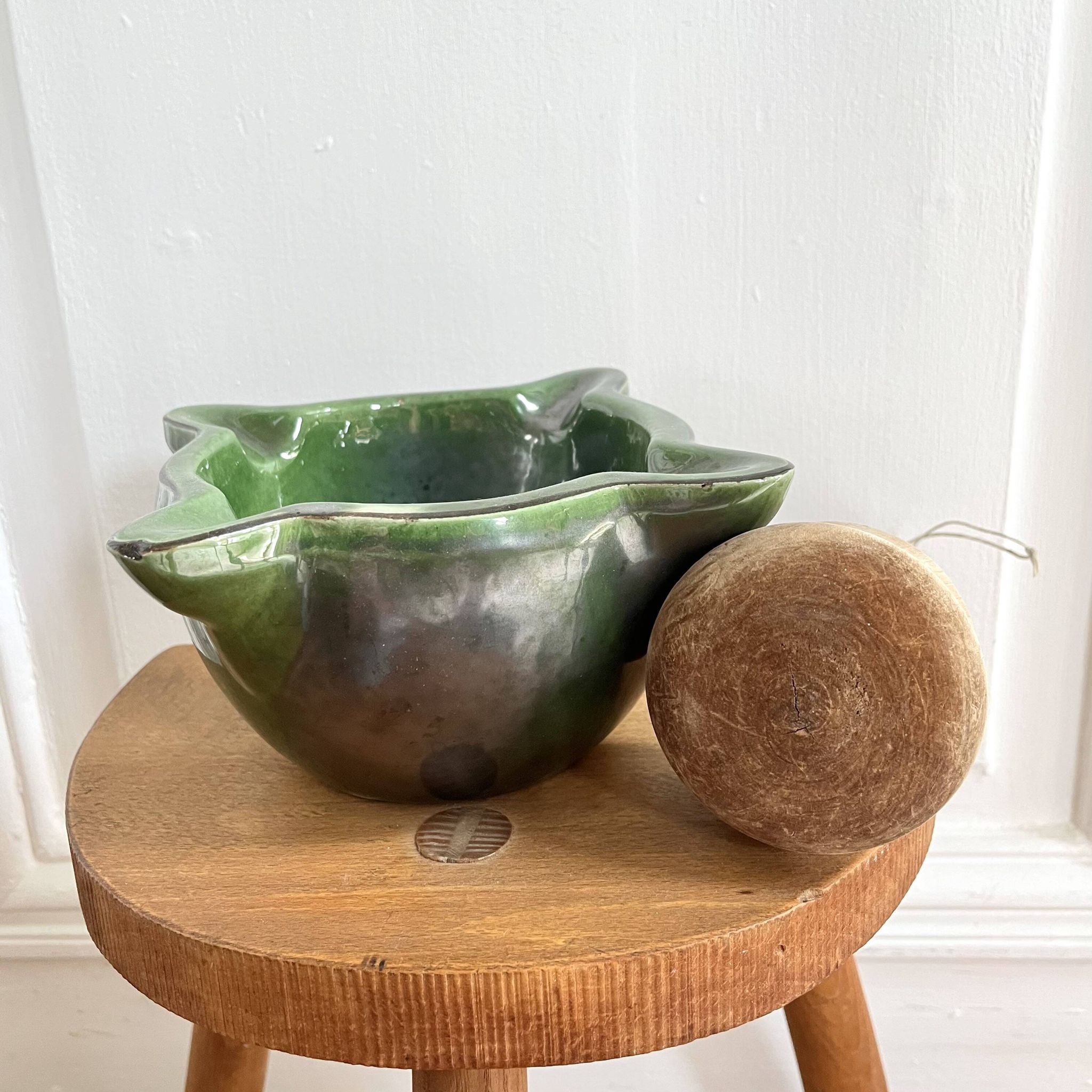 Ceramic mortar and wooden pestle