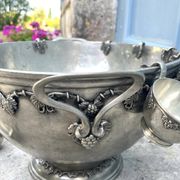 French pewter punch bowl set with 10 cups and ladle – grapevine Etain