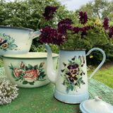 Cafetière ancienne Japy en tôle émaillée fleurs de pensée