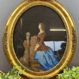 Old lithograph of a woman in prayer – Oval gold frame