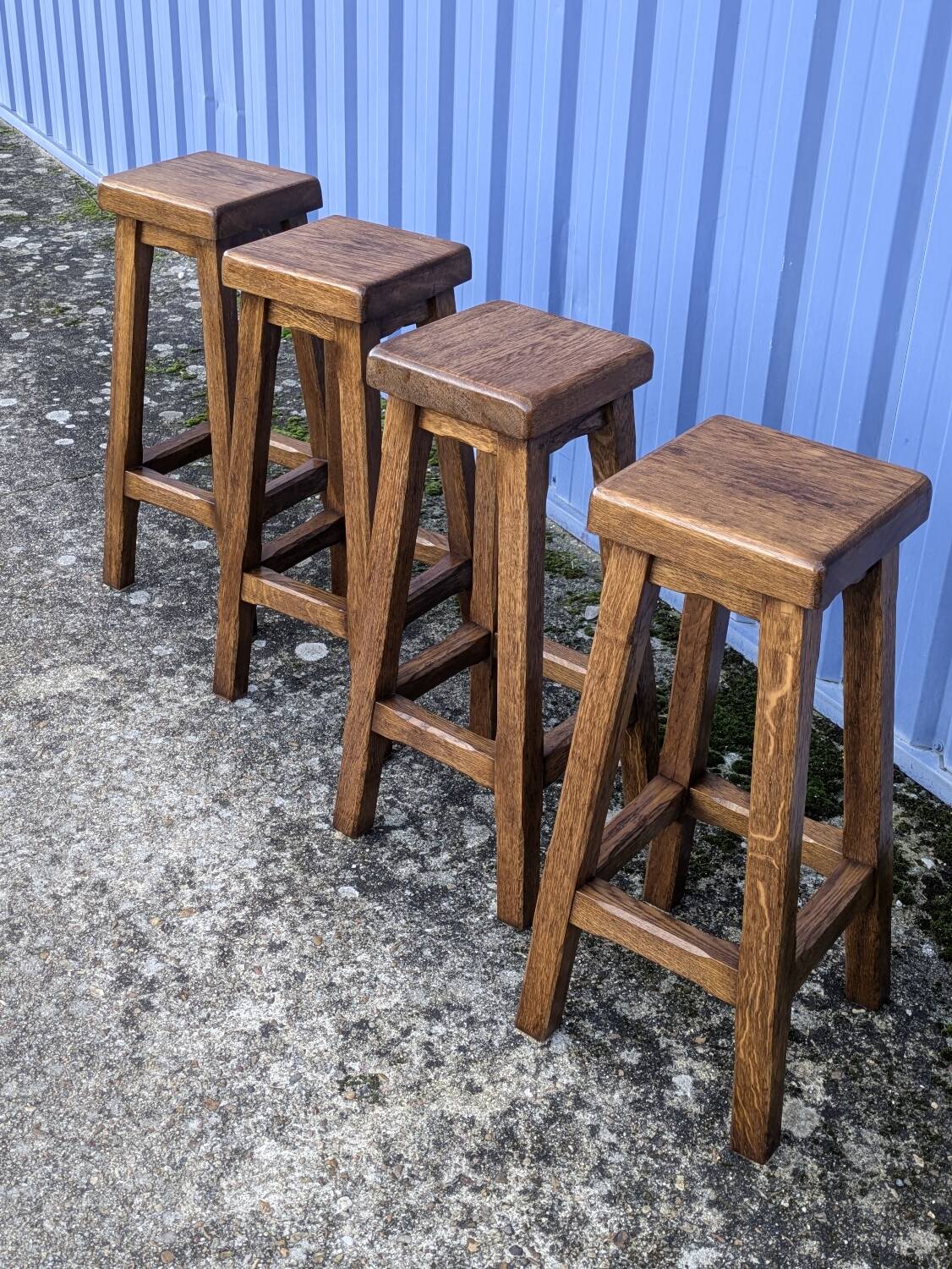 4 Bar Stools, Brutalist Solid Wood Vintage