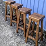 4 Bar Stools, Brutalist Solid Wood Vintage