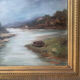 Large painting of a house by the water