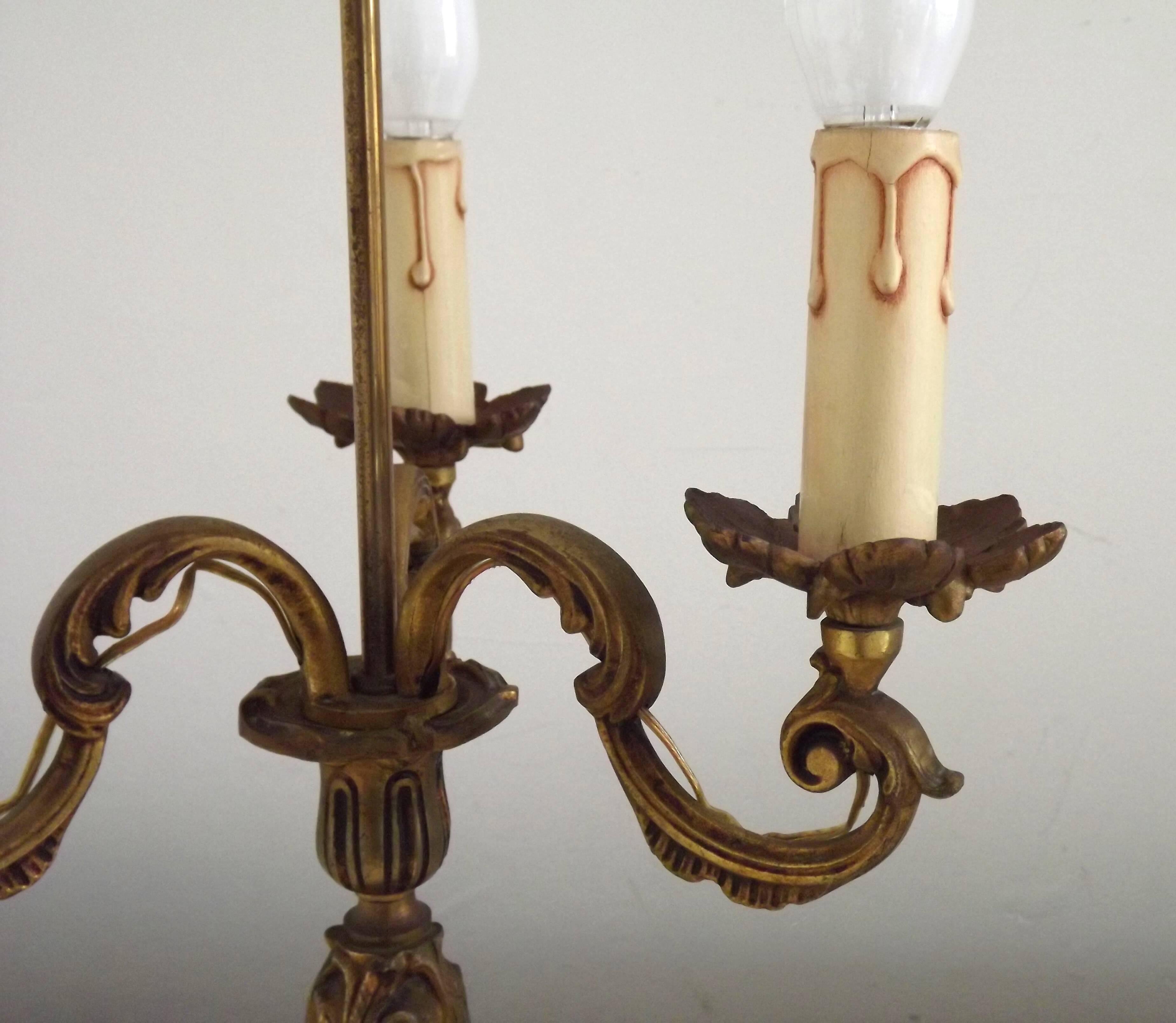 Bronze French Antique Art Nouveau 3-Light Candelabra Lamp Pleated Shade