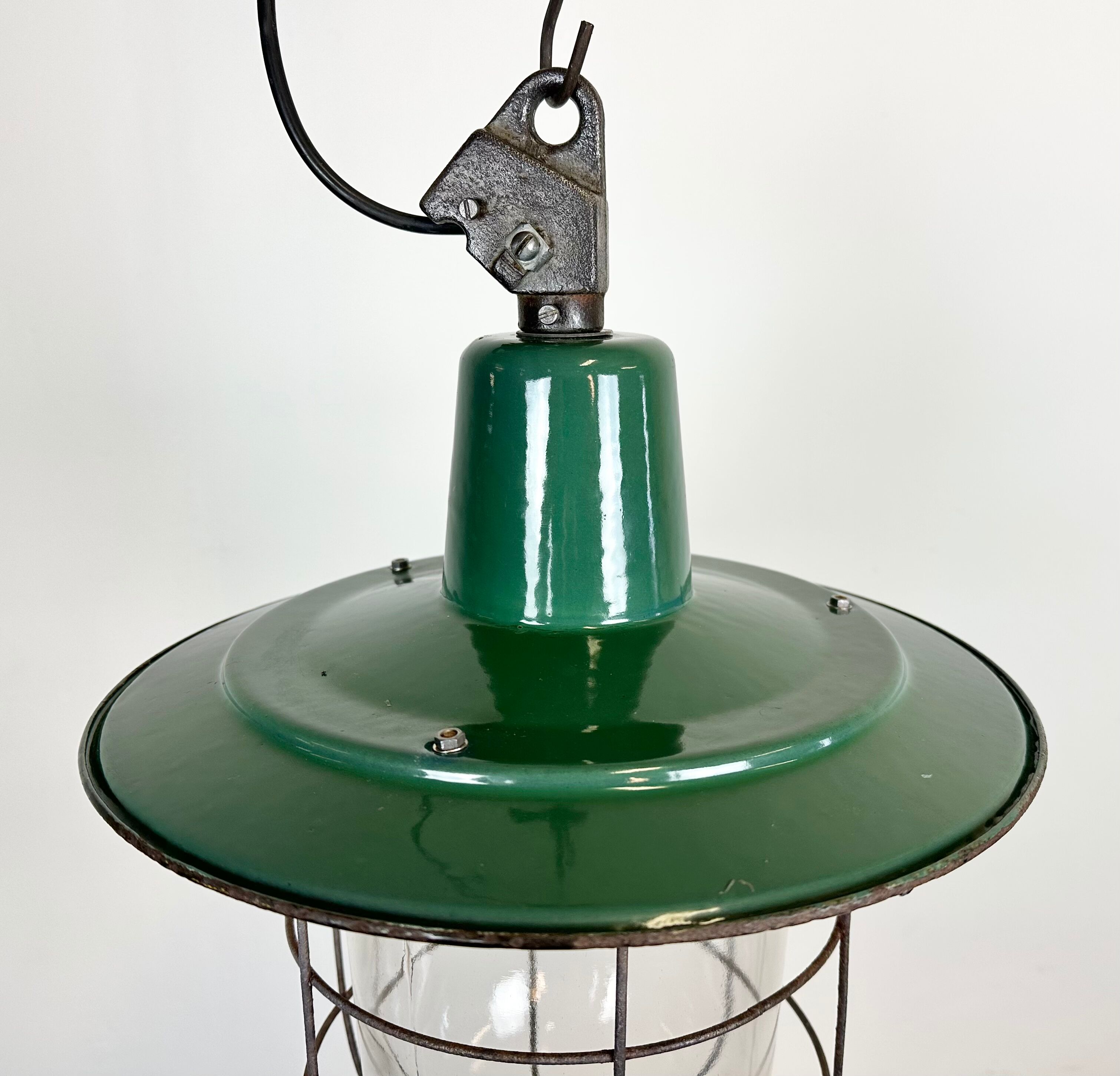 Green Enamel and Cast Iron Industrial Cage Pendant Light, 1960s