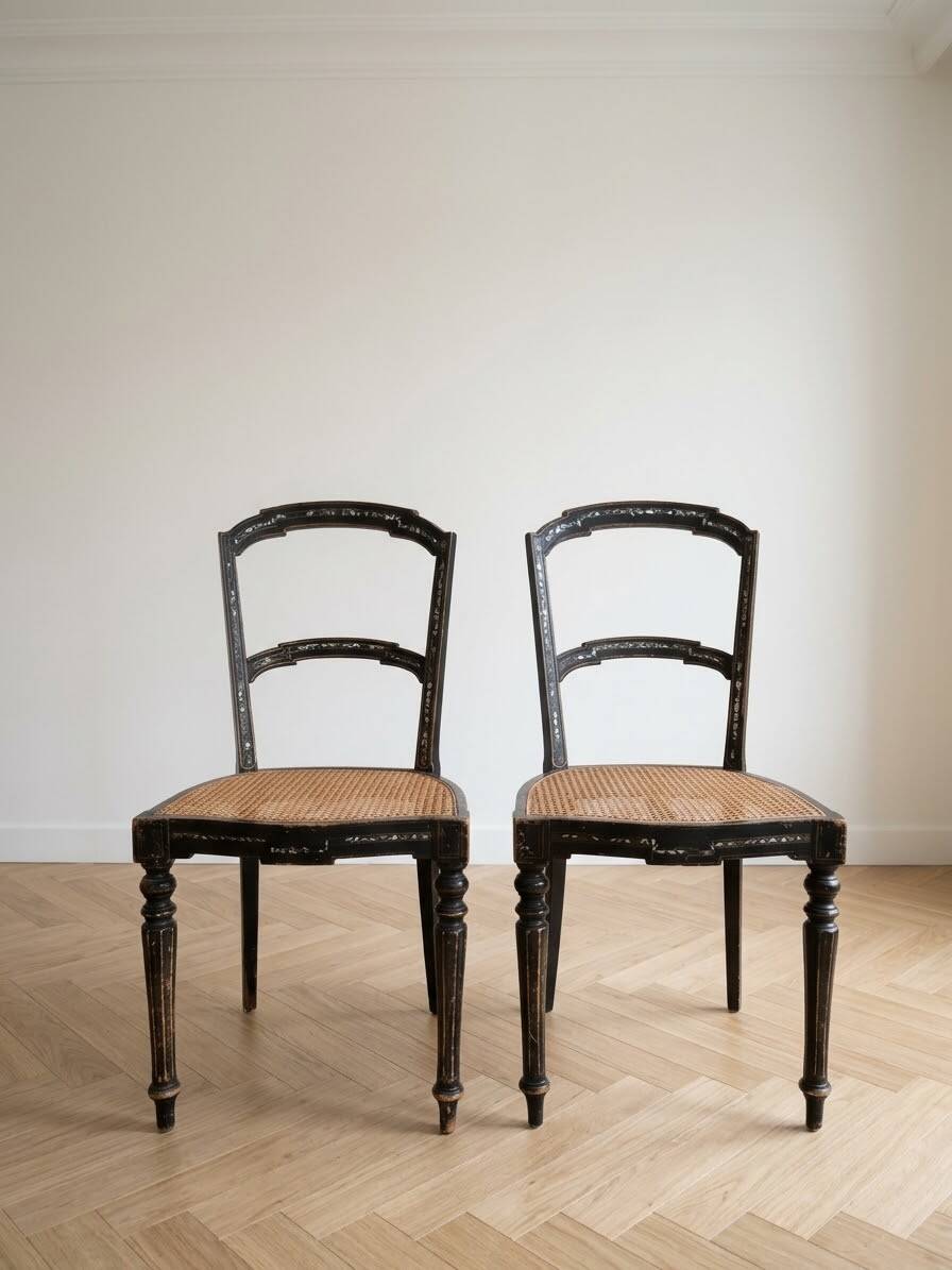 Set of 2 antique chairs in blackened wood and caned.