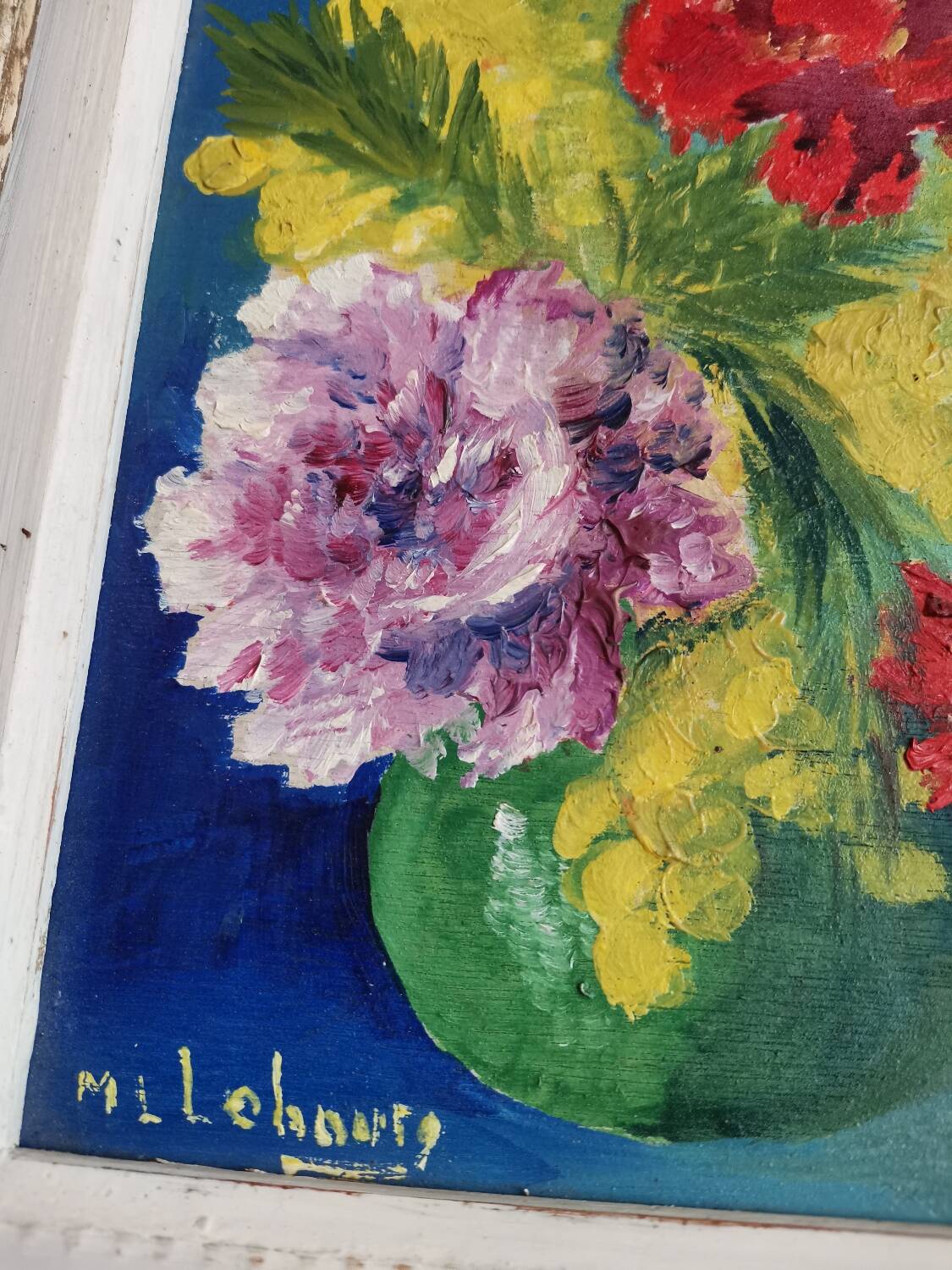 Vintage oil painting on wood pattern vase of flowers still life signed