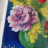 Vintage oil painting on wood pattern vase of flowers still life signed