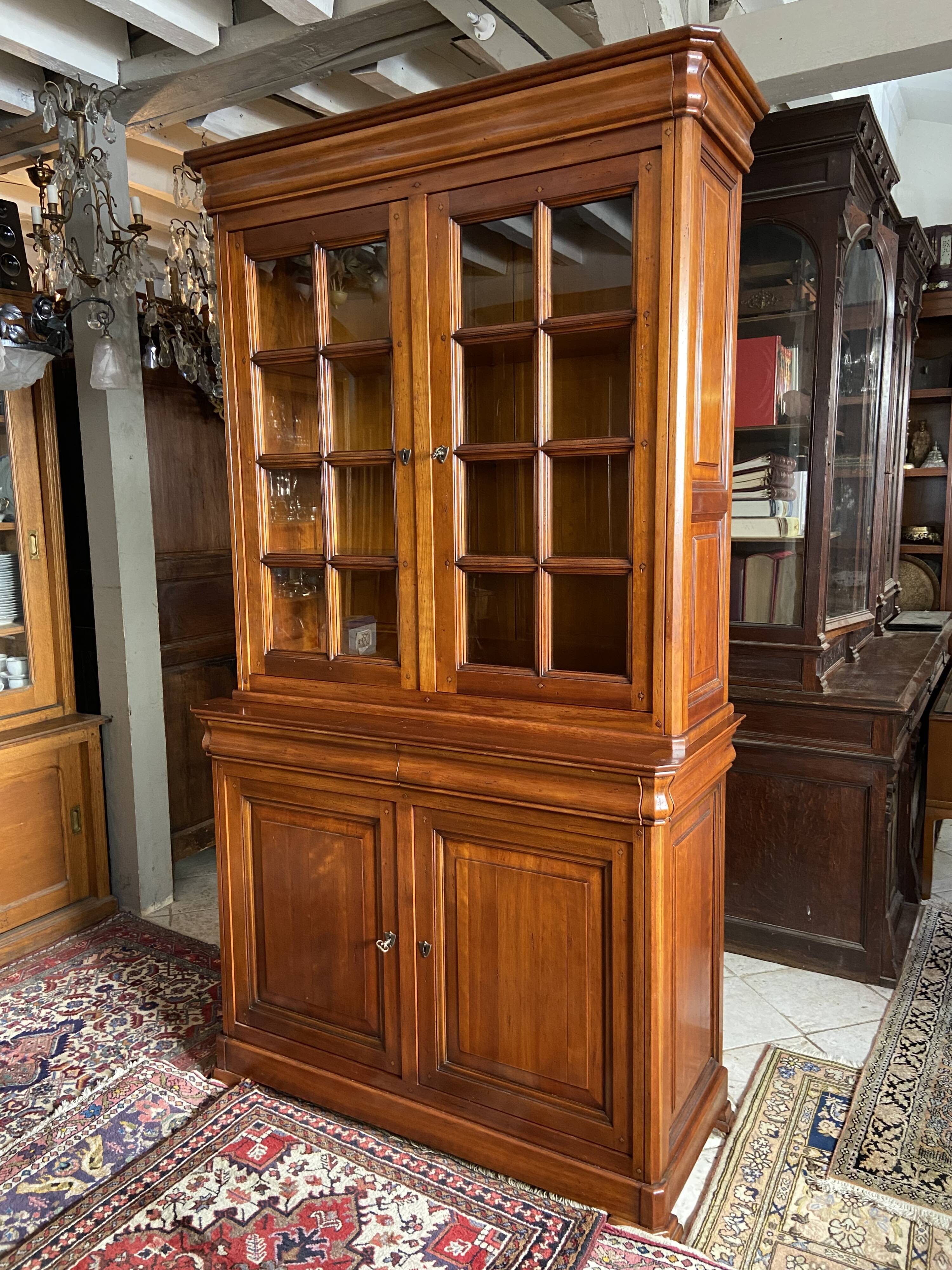 Library buffet two-body display cabinet solid cherry Louis-Philippe