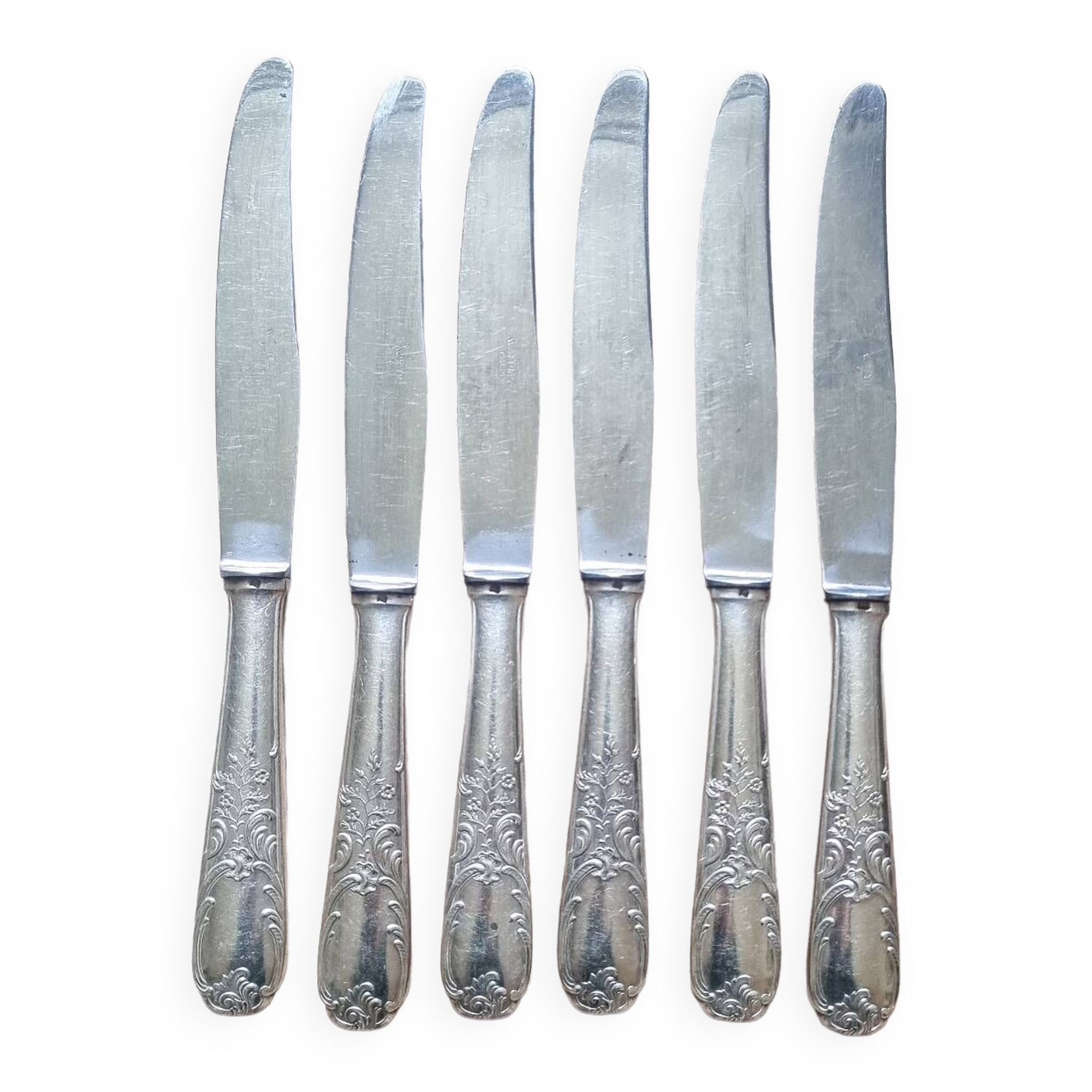 6 grands couteaux en plaqué argent, 84gr, 1940, art nouveau
