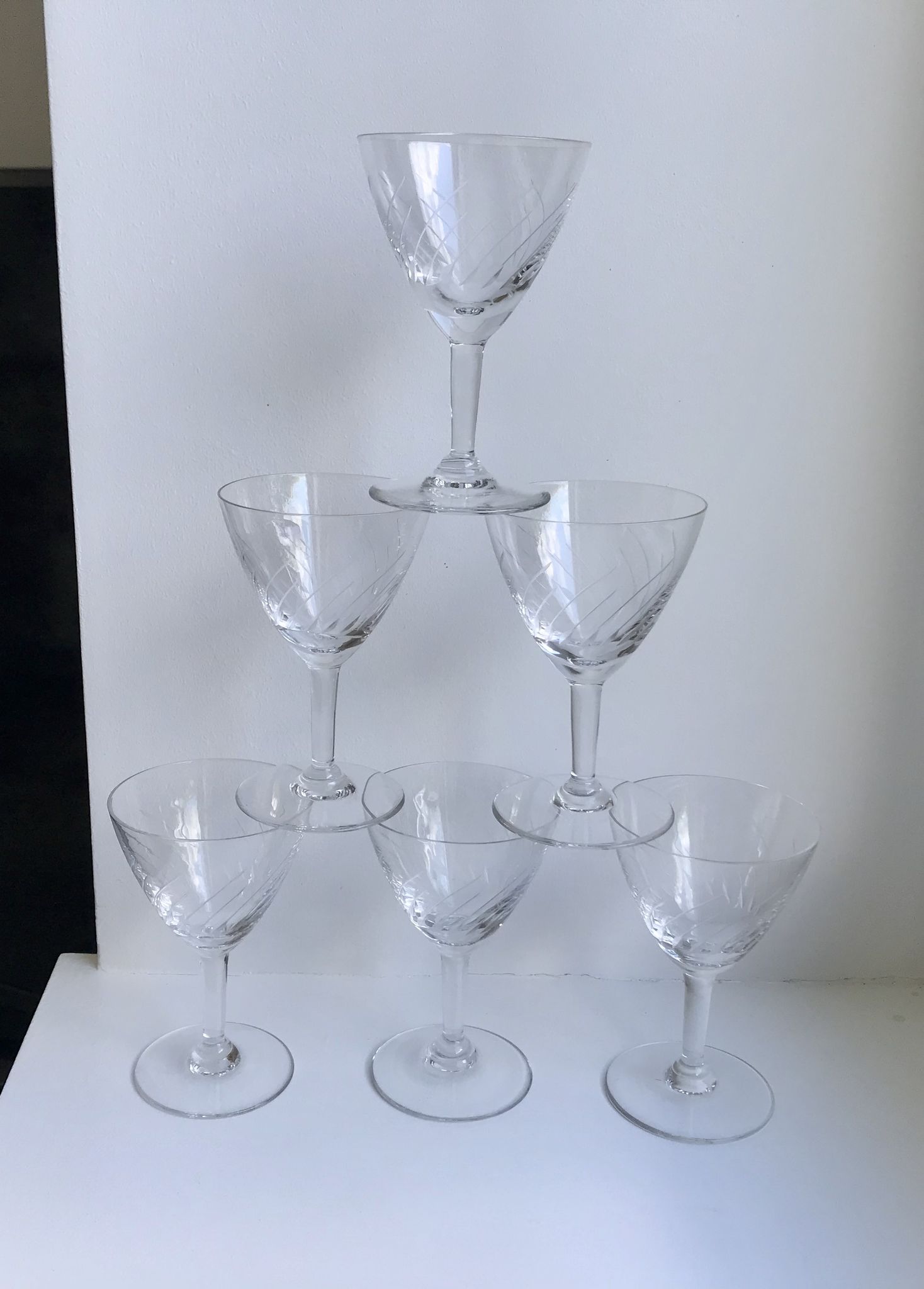 Lot 6 crystal wine glasses engraved 50s