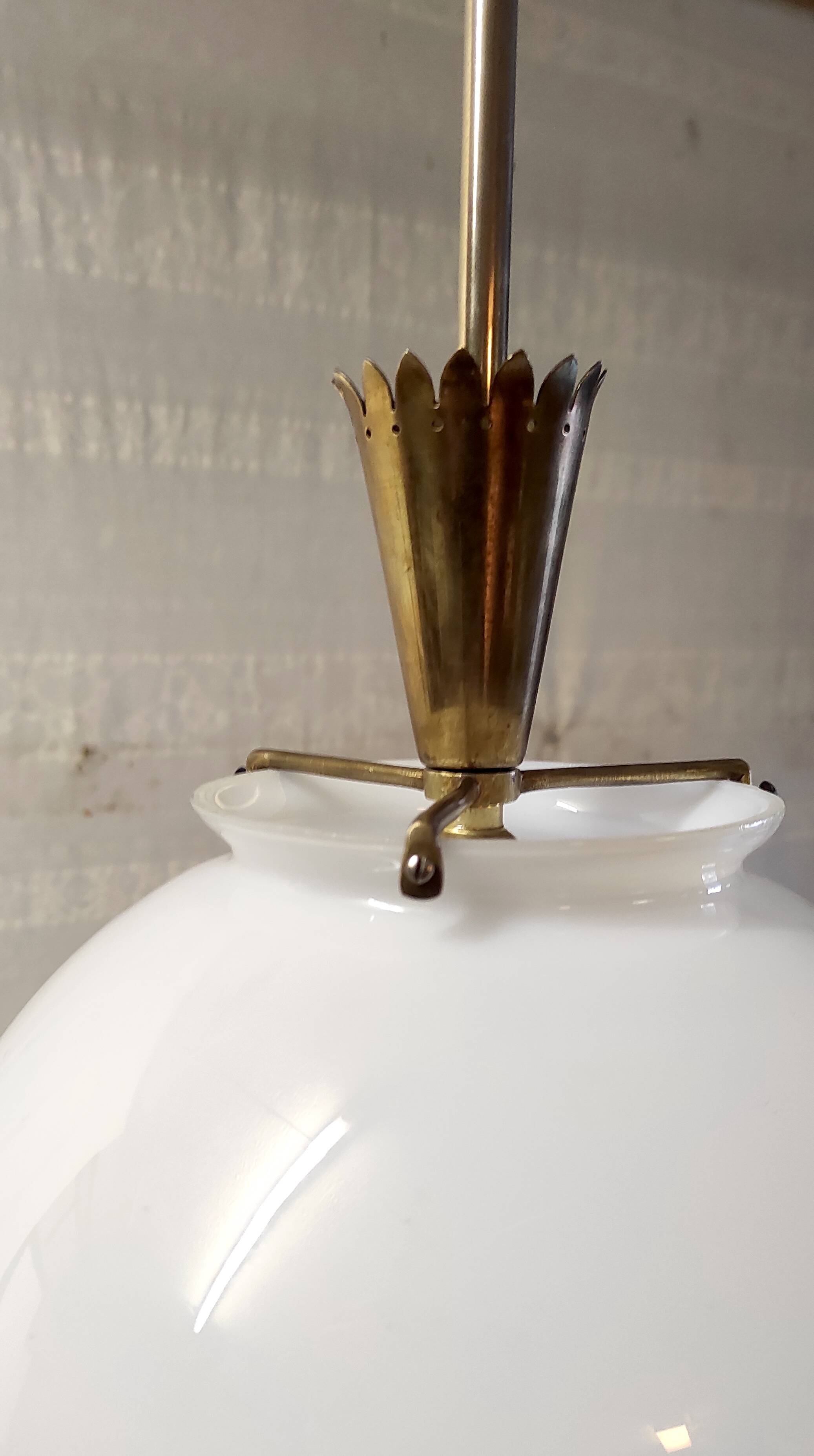 25 cm opaline globe and brass pendant light - 1940s/1950s