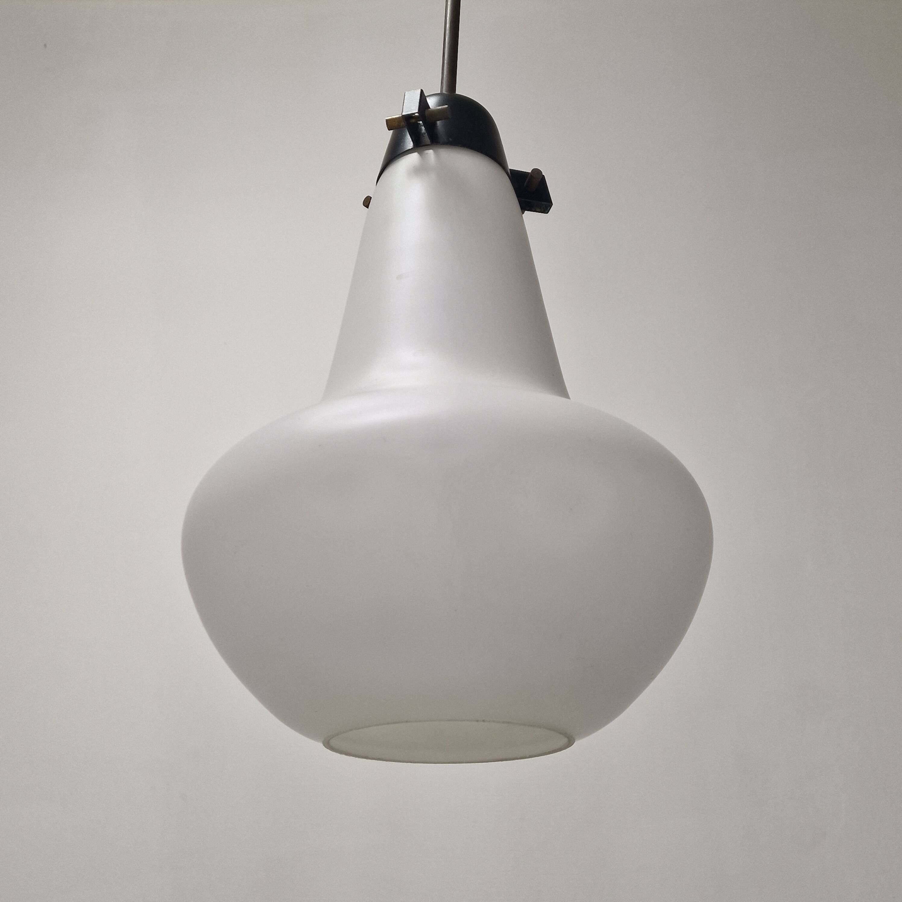 Mid Century Pendant in Milk Glass and Brass, Italy 1960's