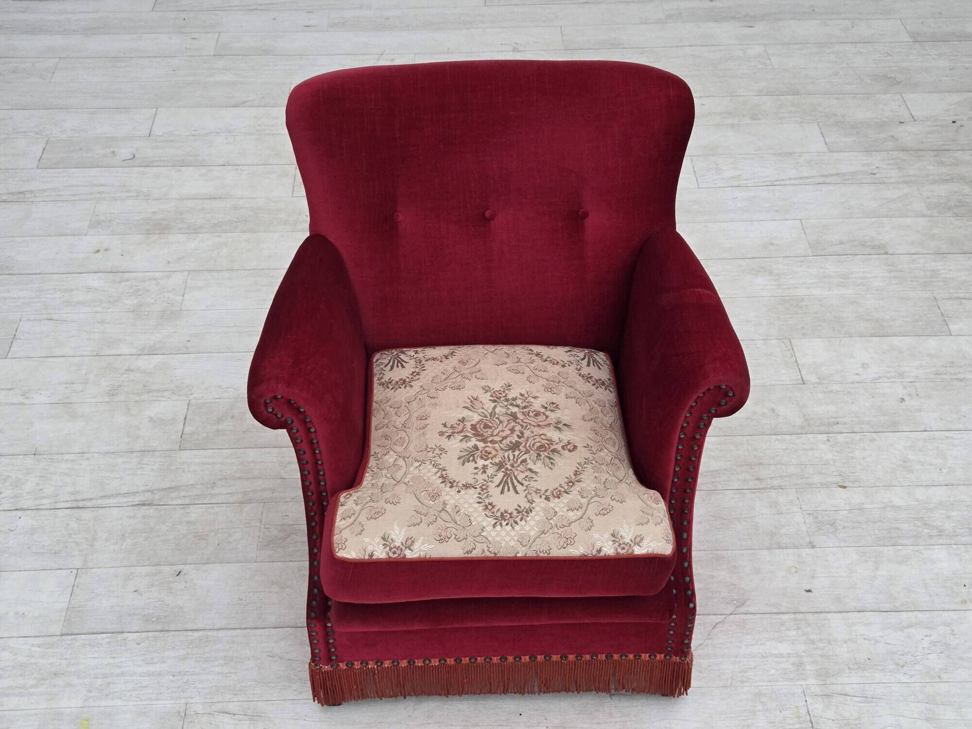 1970s, Danish armchair, furniture velour, ash wood legs.
