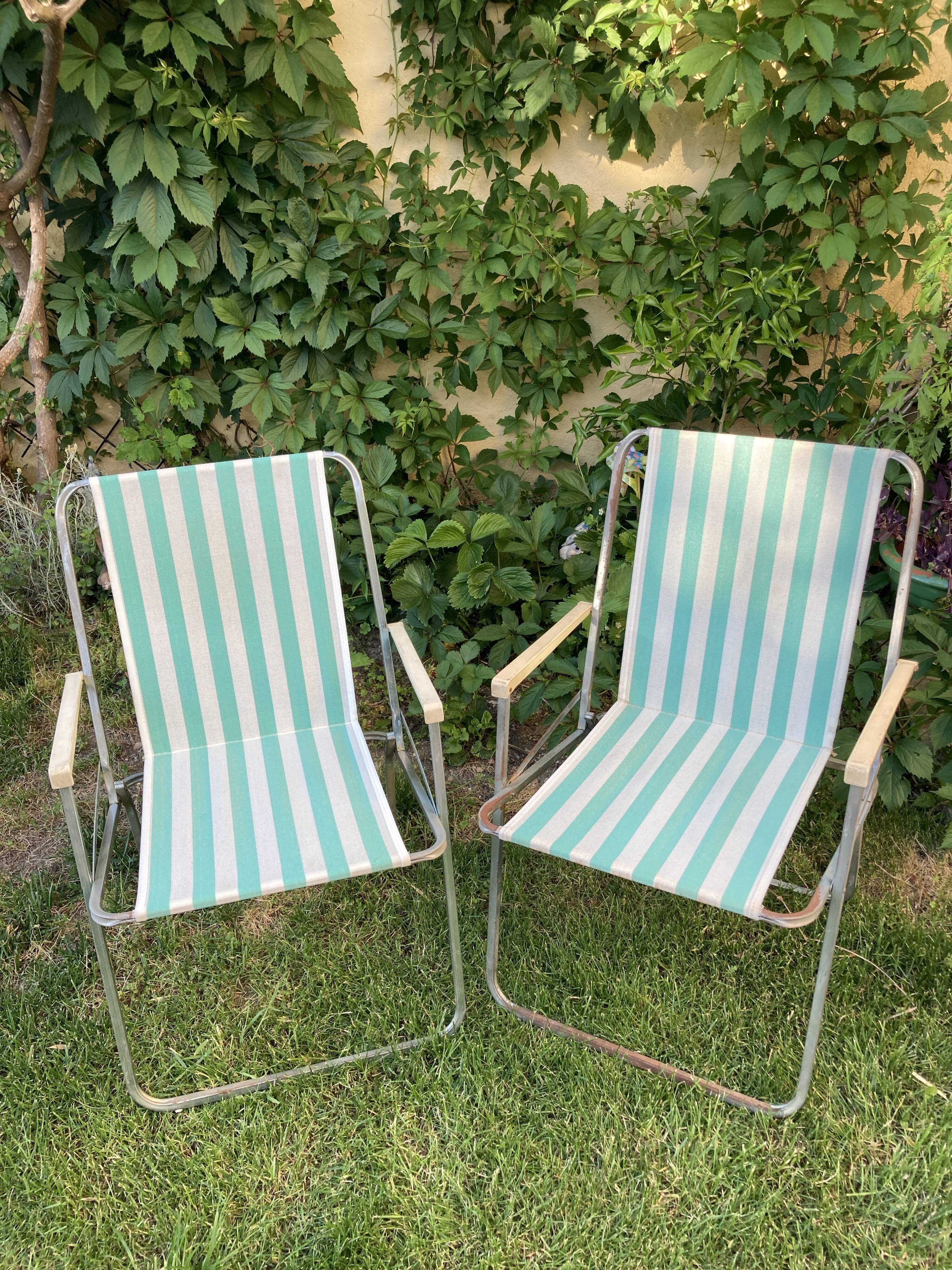 Pair of vintage camping chairs striped green and white