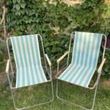 Pair of vintage camping chairs striped green and white