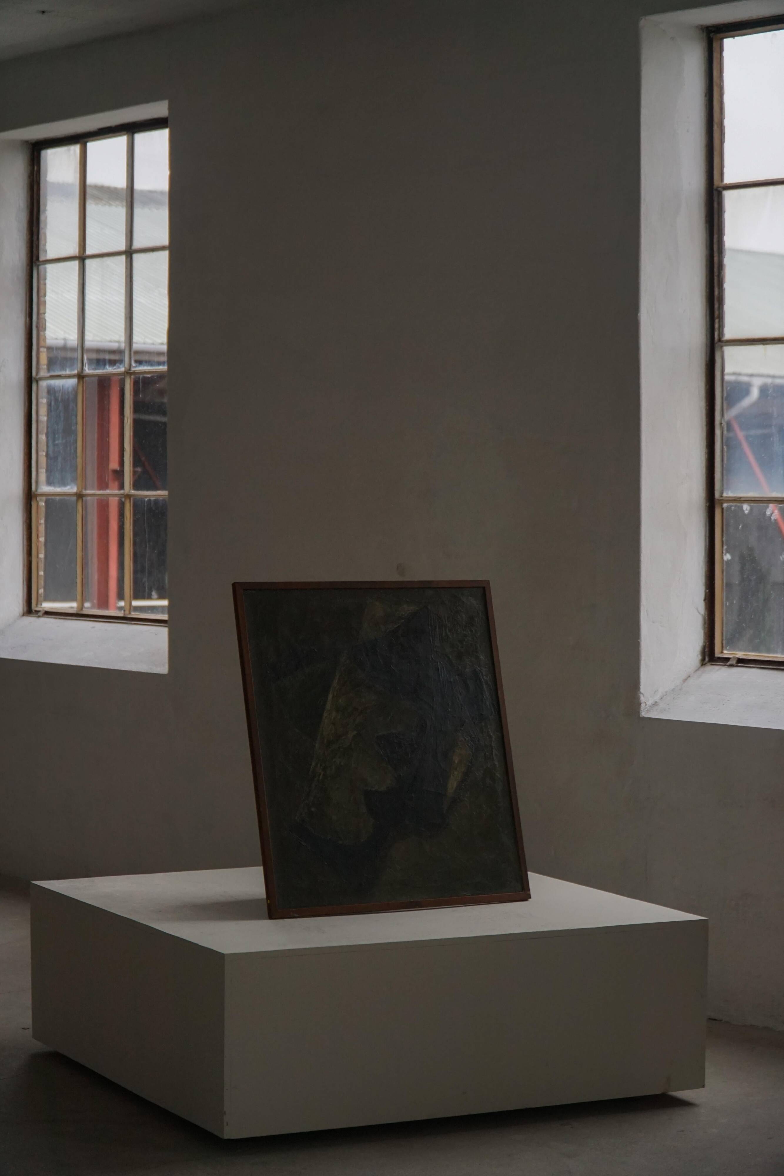 Mid-century pastel oil abstract painting, Danish artist, patinated wooden frame.