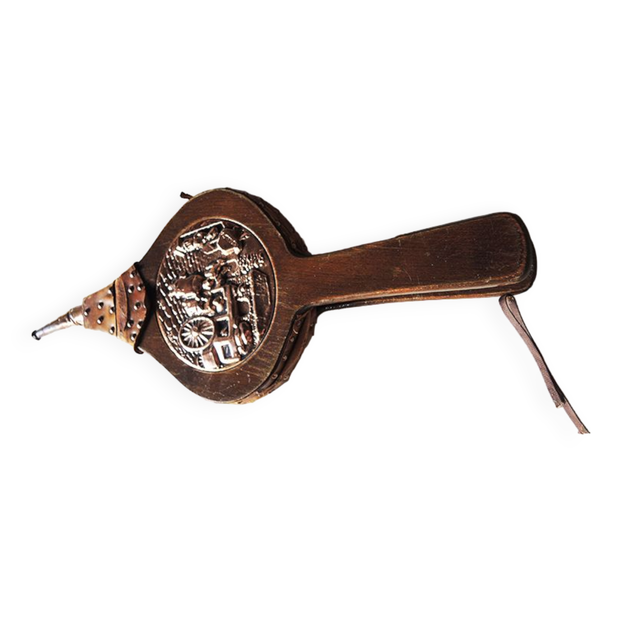 Ancien soufflet en bois sculpté & cuir