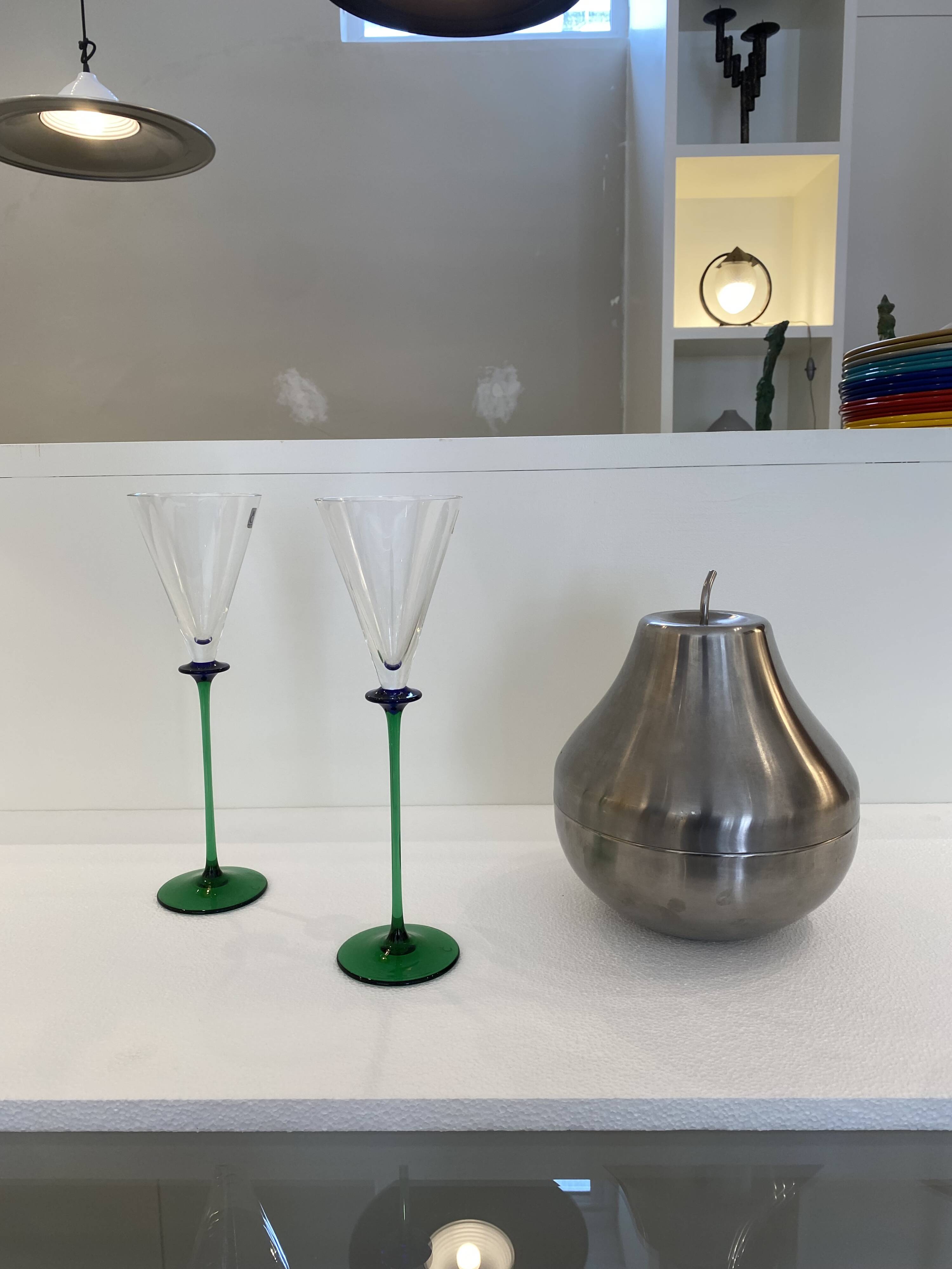 A Set of 6 Hand-blown Emerald Green Cobalt Blue Stem Champagne Flutes Art