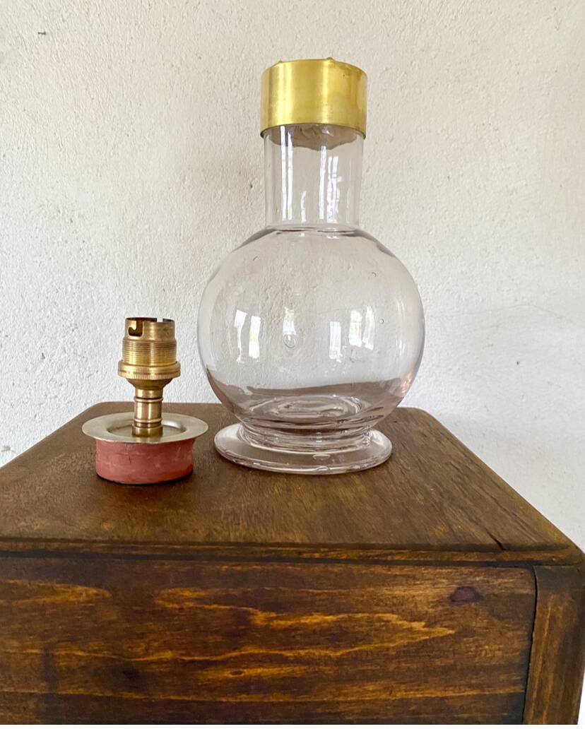 Glass lamp, brass, 2 M fabric cable, 50s lampshade