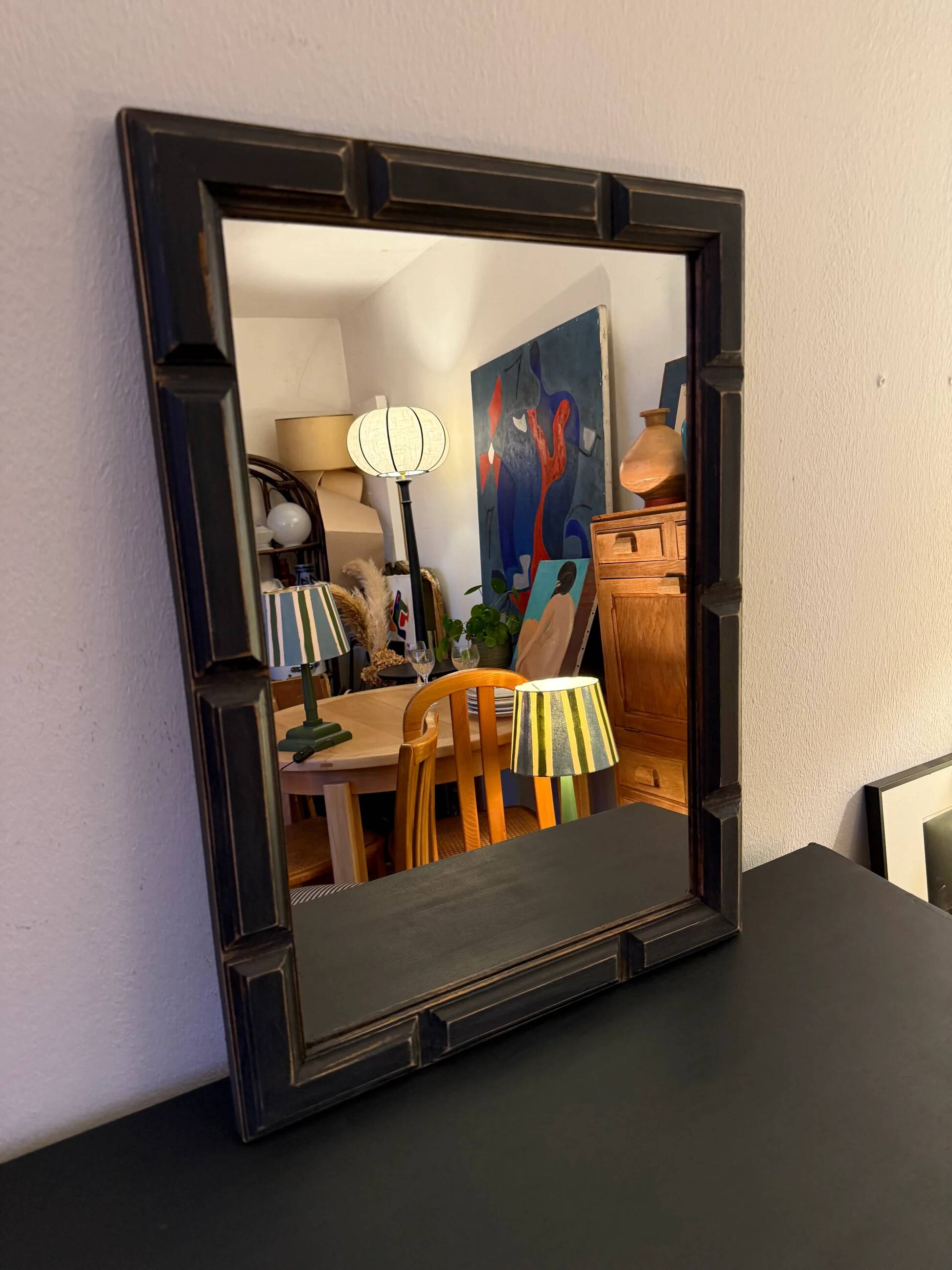 Patinated black rectangular wooden mirror