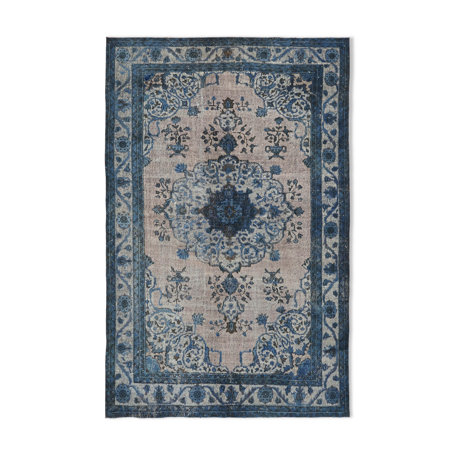 Handwoven overdyed anatolian 1970s 206 cm x 316 cm blue carpet