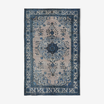 Handwoven overdyed anatolian 1970s 206 cm x 316 cm blue carpet