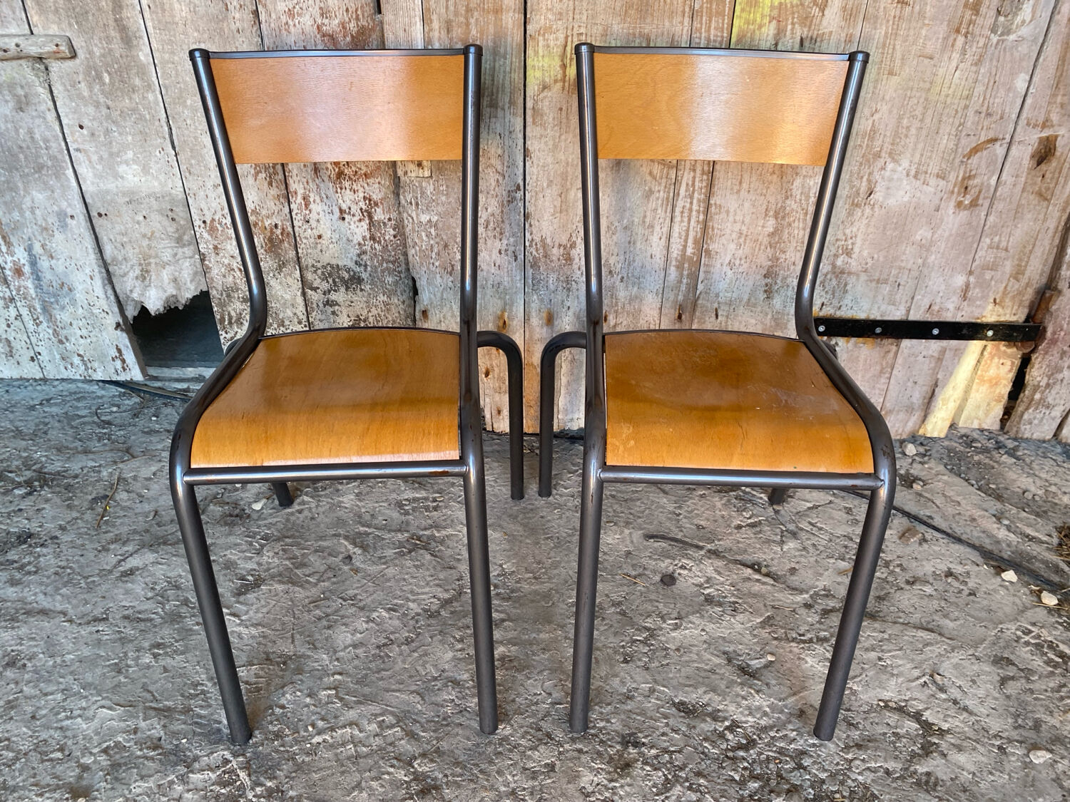 Pair of Vintage Style MULLCA Model 510 Grey Metal + Wood Chairs