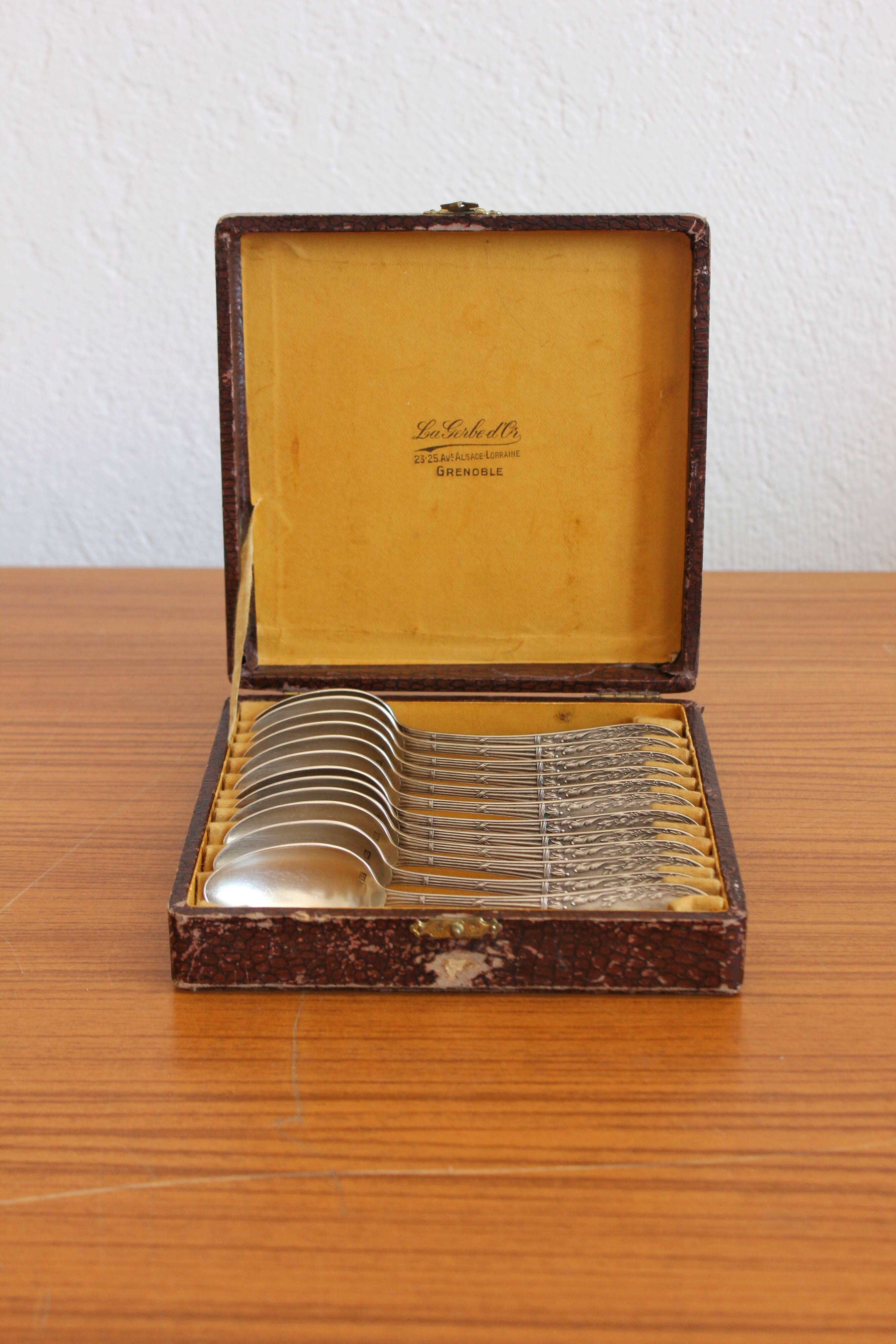 Box of 12 small spoons in vintage silver metal