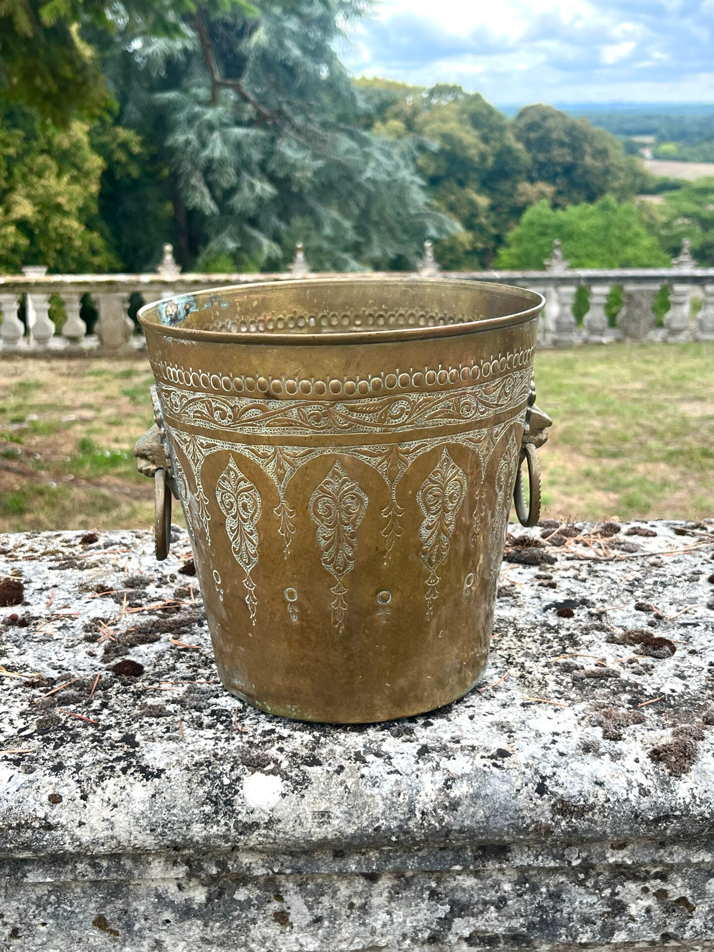 Persian Brass Champagne Bucket, Hand Engraved Ram Head Handles