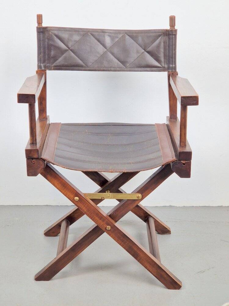Vintage Director's Folding Chair in Wood and Leather, 1970s