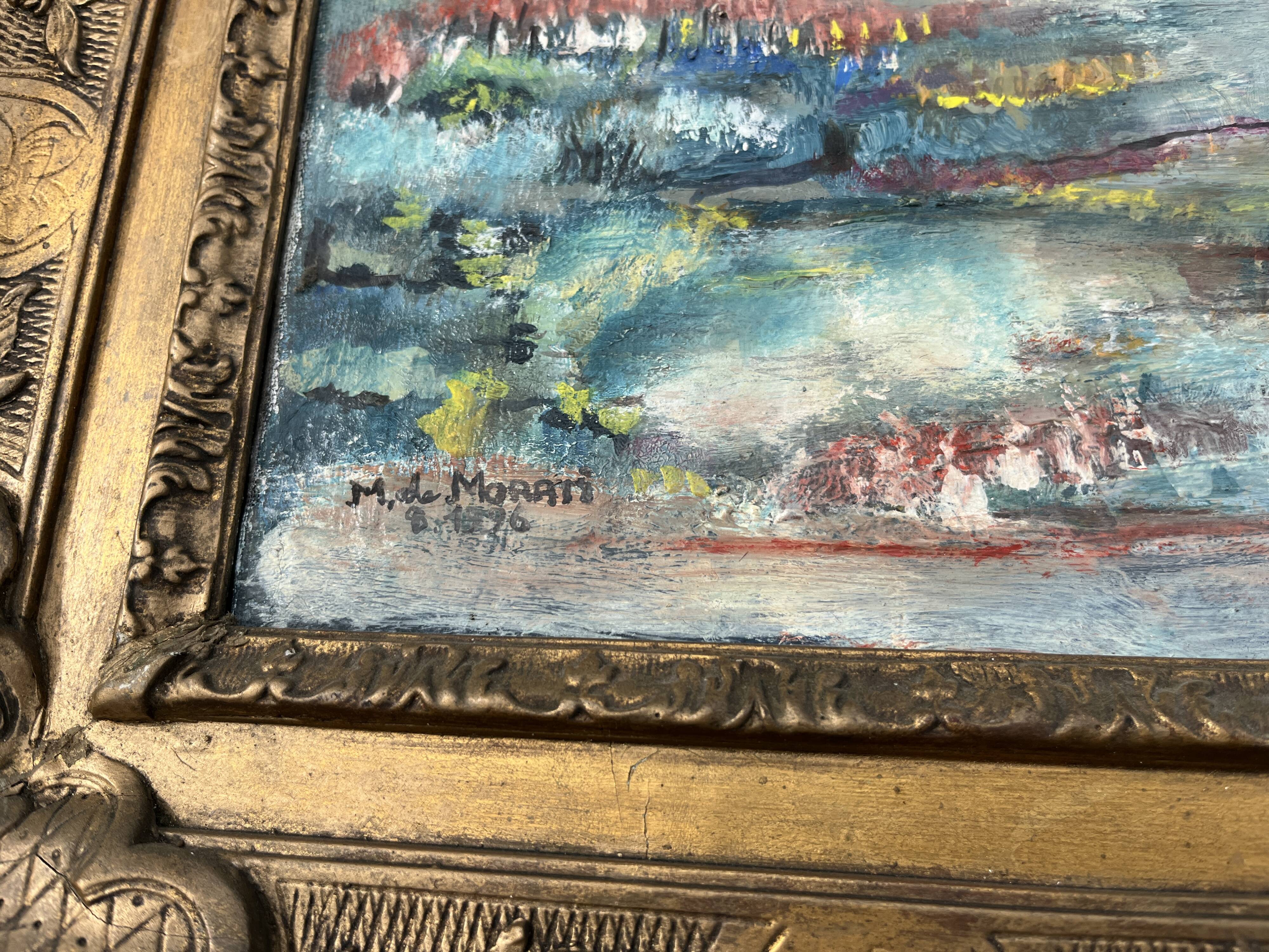 Very beautiful painting Landscape with reflections – M. de Moran 1996 with a 19th century frame