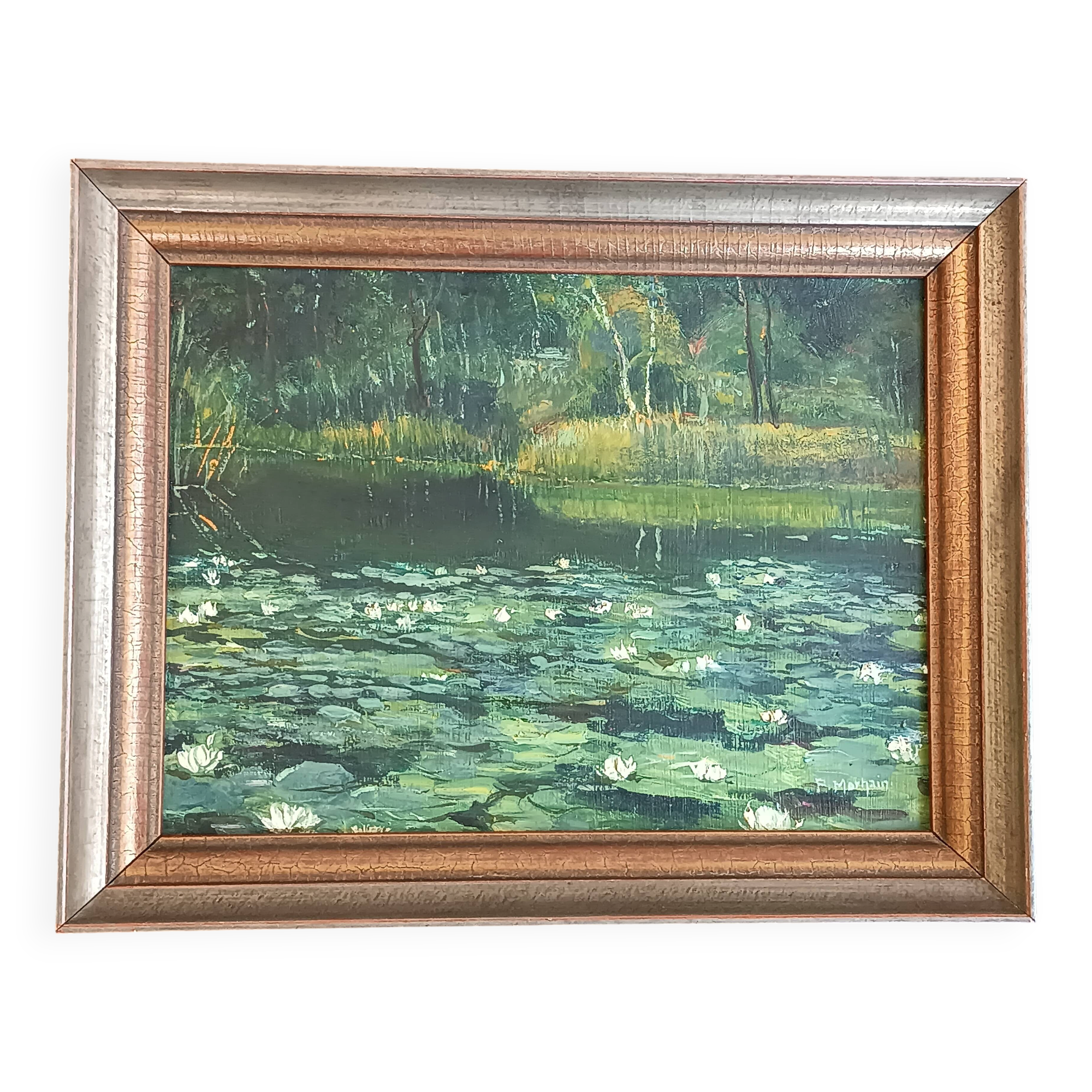 Original oil painting of a landscape with a pond and water lilies by Albert Morhain, 1930.