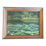 Original oil painting of a landscape with a pond and water lilies by Albert Morhain, 1930.