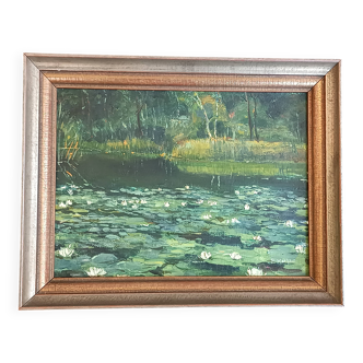 Original oil painting of a landscape with a pond and water lilies by Albert Morhain, 1930.