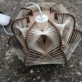 Pair of vintage wooden and rattan straw pendant lights.