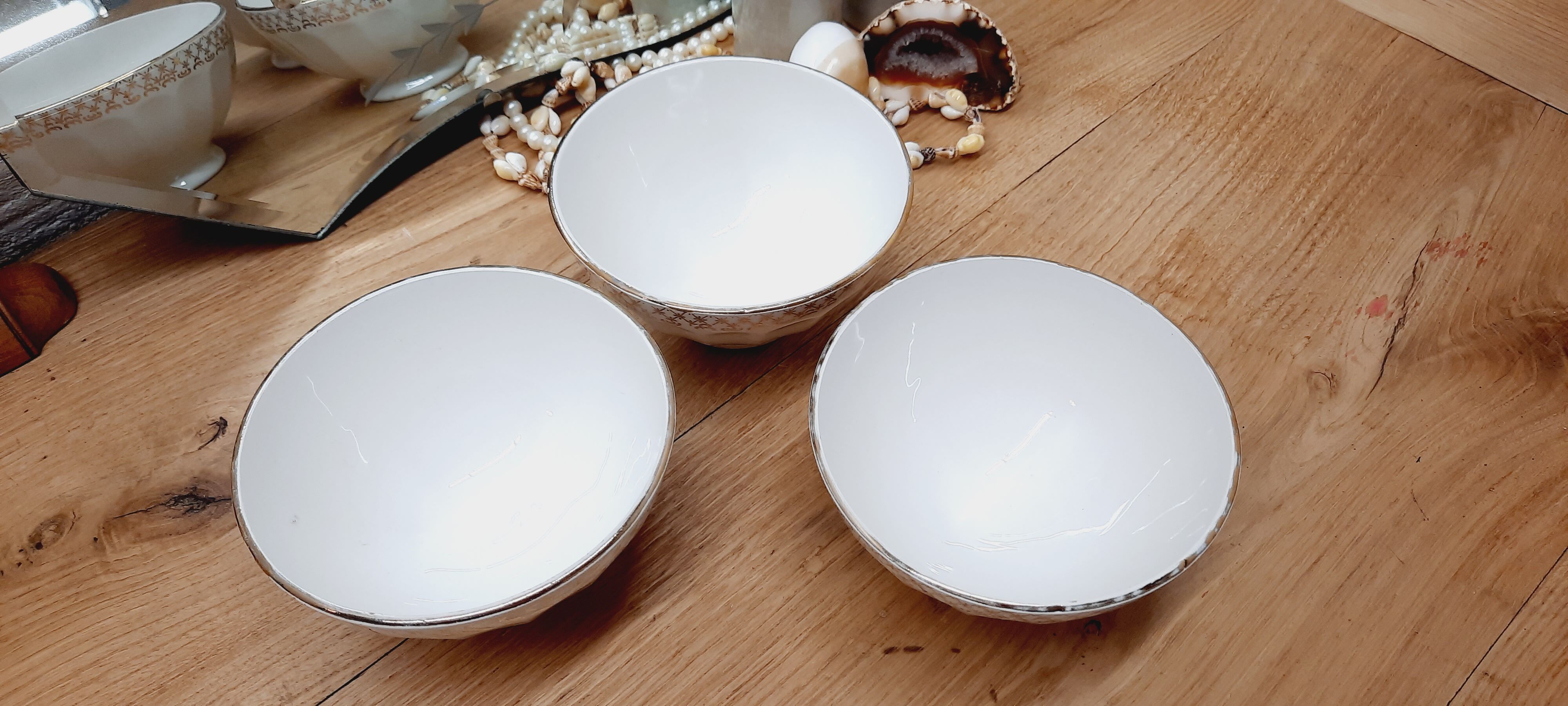 Set 3 bols faience blanc et or