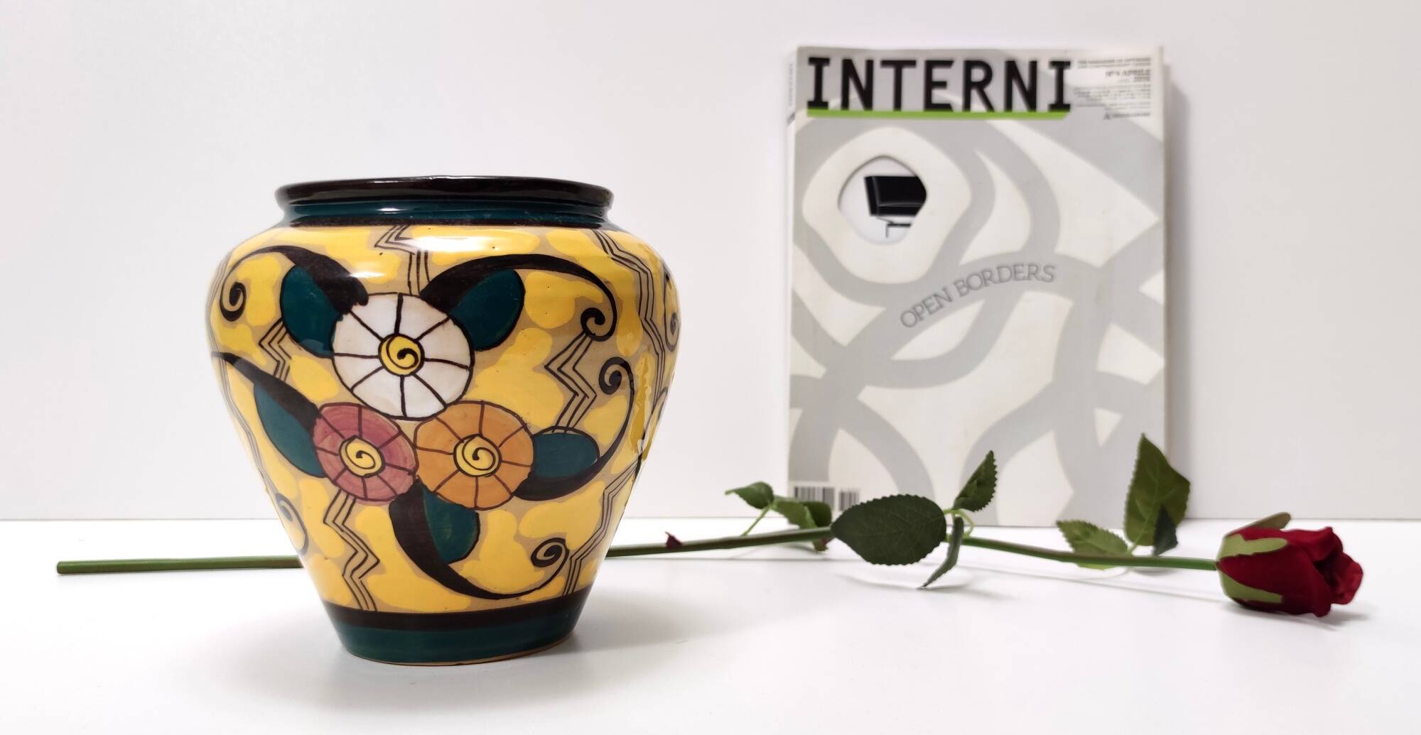 Futurist Yellow Glazed Earthenware Vase with Floral Motifs, Italy