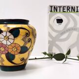 Futurist Yellow Glazed Earthenware Vase with Floral Motifs, Italy