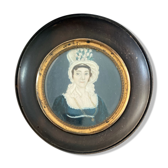 Old miniature painting "Lady with a flowery headdress" Directoire period