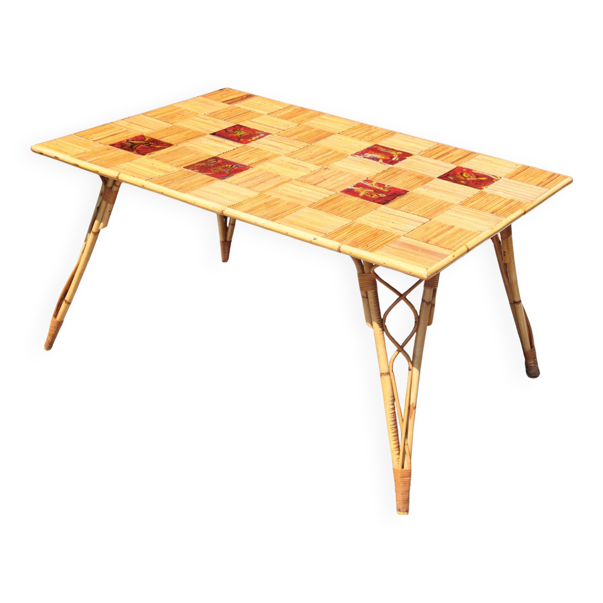 Table à manger rotin & céramique attribuée à  Audoux Minet