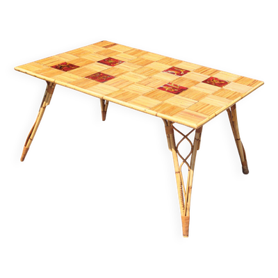 Table à manger rotin & céramique attribuée à  Audoux Minet