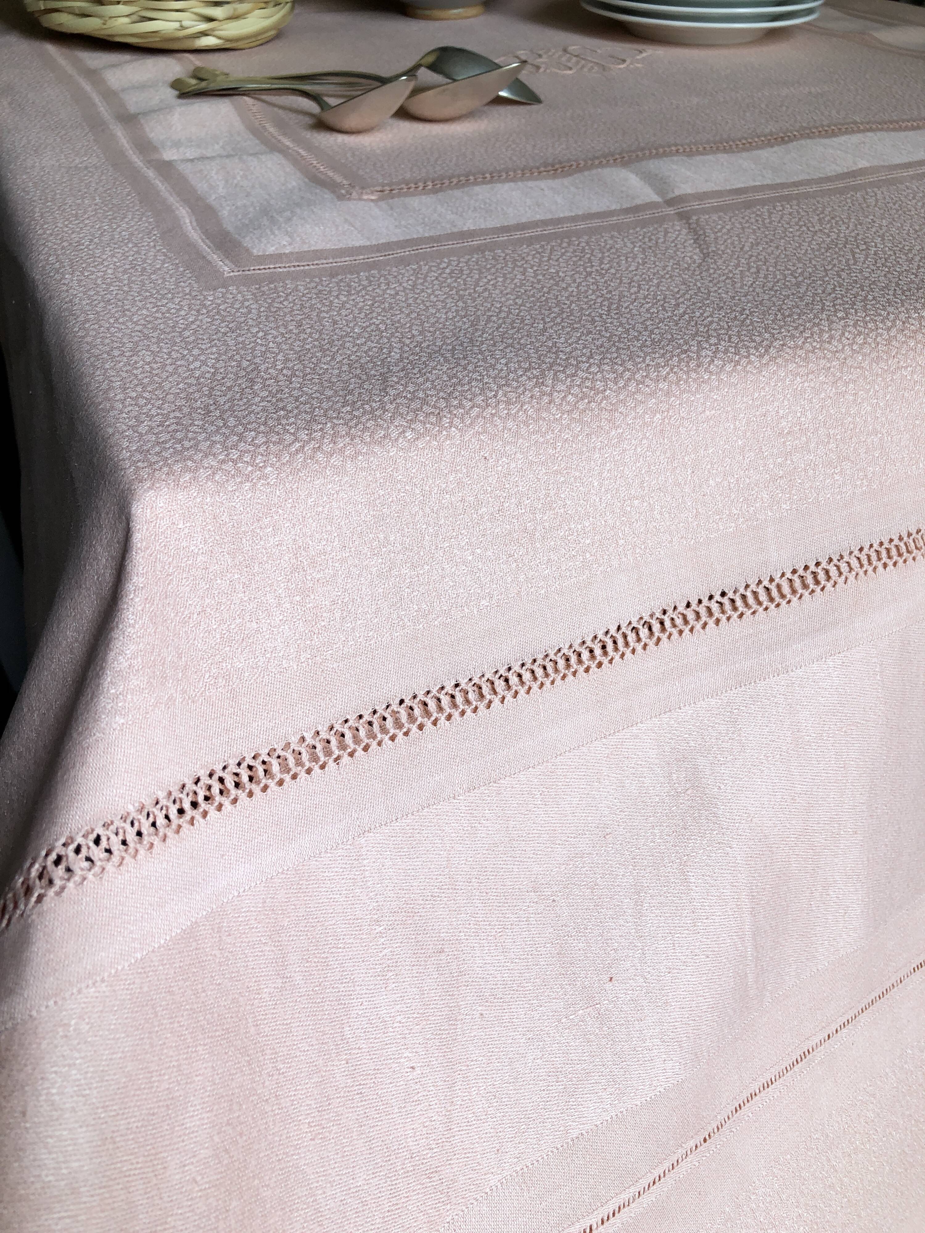 Old damsed tablecloth in linen and silk coral