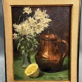 Painting signed still life with copper coquemar, lemon and bouquet of flowers